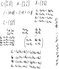 Set of mathematical formulas and solutions to problems and equations. Homework of a student. Vector image of algebra and geometry tasks.