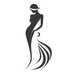 Silhouette of a Woman in a Flowing Dress with a Crescent Moon