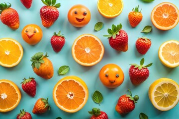 Playful arrangement of oranges and strawberries on light blue background