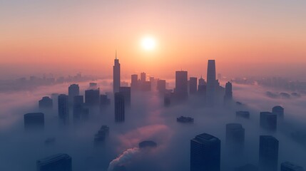 Fototapeta premium A city skyline shrouded in thick smog with the sun barely visible, showing the effects of rising pollution and greenhouse gases on urban environments.