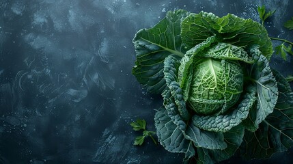 Fototapeta premium Top view of fresh green cabbage on dark background selective focus