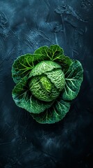 Fototapeta premium Top view of fresh green cabbage on dark background selective focus