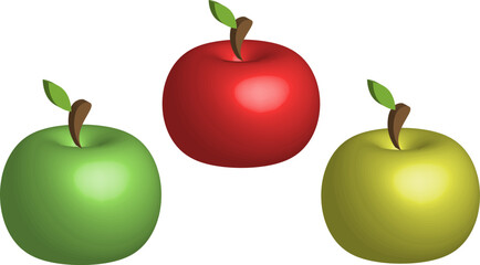 Three apples with leaves. Vector set of ripe green, yellow and red apples with leaves.