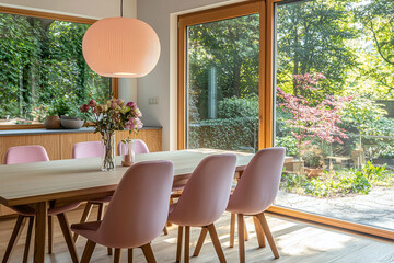 Obraz premium A photo of a dining room finished with a mid century modern interior. Generative AI 