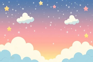 An enchanting sky scene features fluffy clouds drifting through the air, twinkling stars, and a pastel gradient, creating a calming, magical atmosphere perfect for inspiring dreams and relaxation