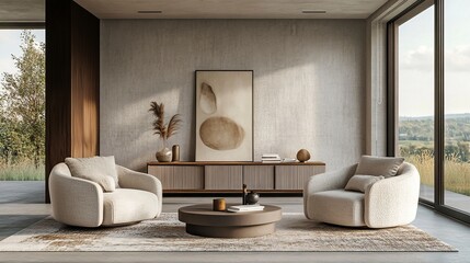 Beige home living room interior with two armchairs and sofa, sideboard with art decoration and books, carpet on concrete floor. Panoramic window on countryside. 3D rendering ,generative ai