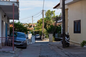 street in in greek town in pefkochori, greece