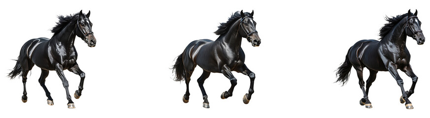Obraz premium Set, collection of Black horse galloping isolated on transparent background.