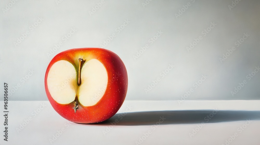 Sticker A Single Red Apple Cut in Half with a White Interior on a White Surface