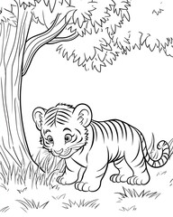 Obraz premium Baby Tiger Cub in Tall Grass Coloring Page. Generative AI.