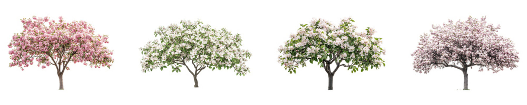 Set, collection of Blooming apple tree isolated on transparent background.