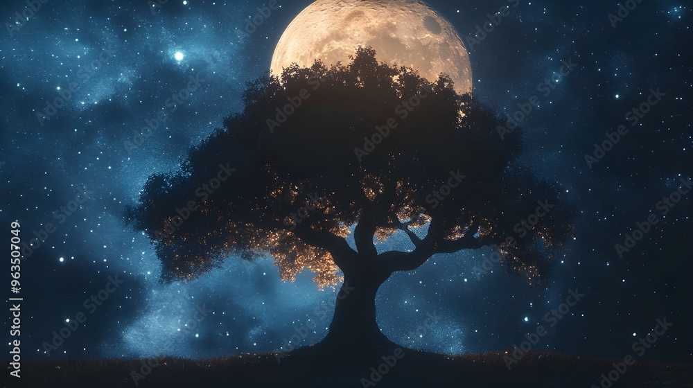 Poster 3d render of tree silhouette against a starry space background image