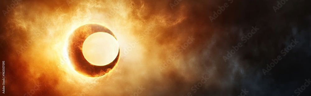 Poster dramatic abstract eclipse with luminous corona in contrasting light and dark hues