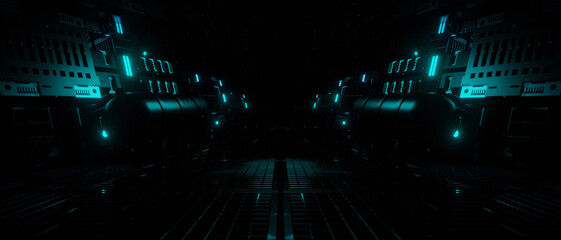 Naklejka premium Abstract Futuristic Neon Corridor.A 3D rendering of a dark futuristic corridor with glowing neon lights. T