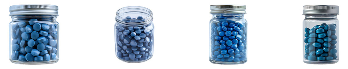 Set, collection of Blue pills inside a clear jar isolated on transparent background.
