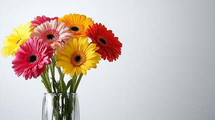 Colorful Gerbera Daisies Bouquet in Glass Vase on White Background