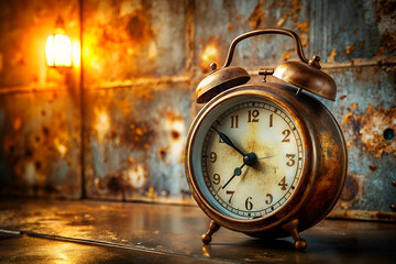 A clock with the hands on the number 3 and 6. The clock is old and rusted