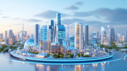Obraz premium Futuristic cityscape with modern architecture, surrounded by water and featuring renewable energy innovations.
