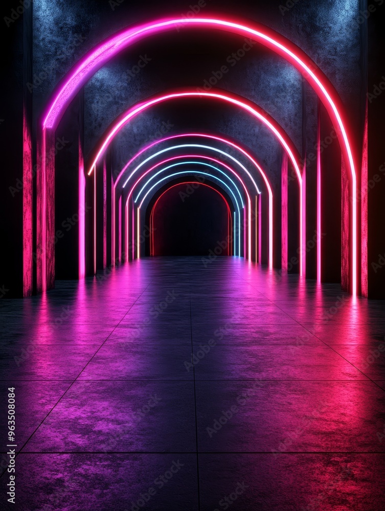Poster a 3d scene of a futuristic cyberpunk corridor with glowing neon archways and walls, creating an abst