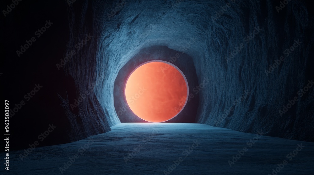 Aufkleber a 3d image of a dark tunnel with a glowing red orb at the end. the tunnel's walls are rough and text