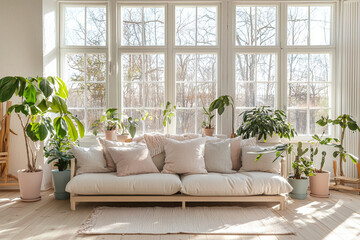 A photo of the mid-century modern interior and Scandinavian interior combination in the living room with a view of the garden out the window. Generative AI
