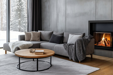 Fototapeta premium Cozy Modern Living Room with Fireplace and Wooden Coffee Table