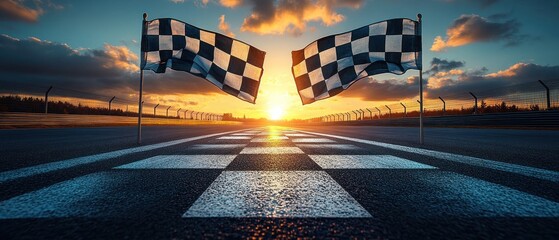 Checkered Flag Finish Line at Sunset on a Race Track