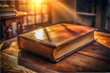 A leather bound book sits on a wooden table. The book is open to a page with a sun shining on it. The sunlight creates a warm and inviting atmosphere