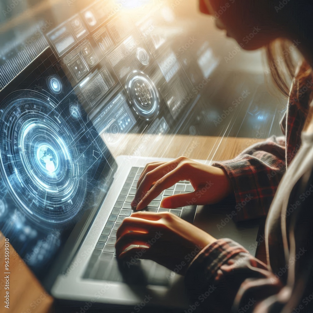 Poster a woman engages with a laptop, surrounded by an advanced, glowing digital interface. the image highl