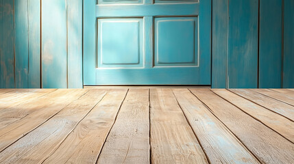 Naklejka premium Bright wooden floor with turquoise door in sunlight