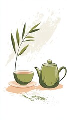 Charming Green Tea Shop Logo Featuring a Teapot and Cup With a Bamboo Plant in a Serene Setting