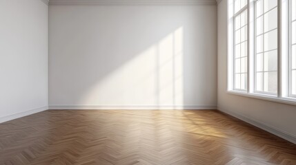 A bright and airy room with a white wall, classic style molding, and warm hardwood floors.  Sunlight streams through a large window casting shadows on the floor, creating a sense of space and tranquil