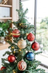 Christmas tree with red, green, and gold ornaments indoors