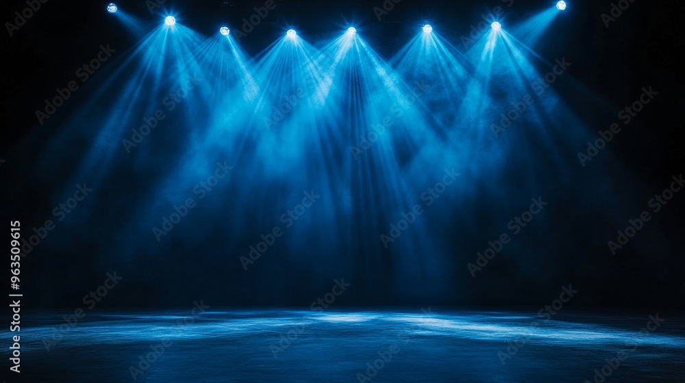 Poster a captivating image of a stage bathed in dramatic blue spotlights. the smoke adds a mysterious and e