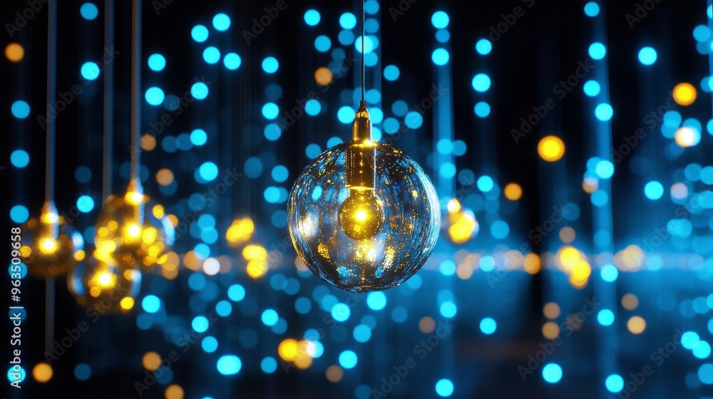 Poster a captivating image of golden light bulbs suspended against a backdrop of shimmering blue lights, cr
