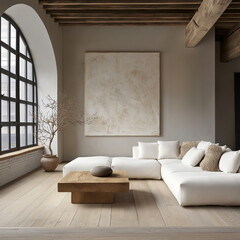 Modern Loft Living Room with Arched Window and Minimalist Decor