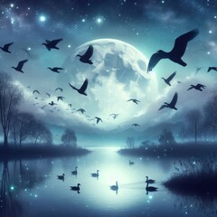 A tranquil scene of a mystical moonlit lake, with birds flying over the water and a distant forest silhouetted against the night sky. The serene atmosphere and glowing full moon create an enchanting