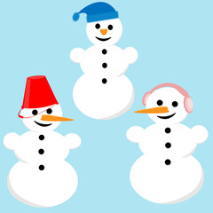 Three cute snowmen with carrots on a blue background. New Year and Christmas card. Vector illustration