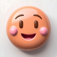 3D emoticon with a shy expression, peach color, small brown eyes, pink cheeks, slightly smiling mouth, glossy rounded shape, isolated on white background