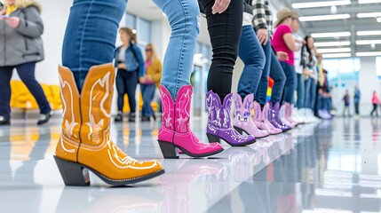 A lively line dancing class, with participants in cowboy boots stepping in sync to country music. The group moves with energy and enthusiasm, clapping and spinning as they follow the rhythm 