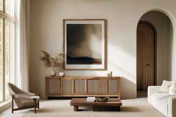 Minimalist Living Room with Large Framed Art and Wooden Furniture