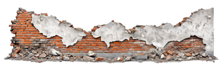 Brick Wall. Wall. Destroyed brick wall with transparent background. Cut out. Alpha Channel. Isolated.