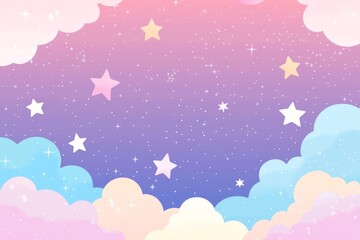 A beautifully dreamy pastelcolored sky is gracefully filled with delightfully fluffy clouds and sparkling stars, creating a serene, calm, and romantic fantasy landscape that enchants the heart