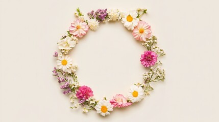 Floral Wreath Featuring Diverse Flowers in a Circular Arrangement on a Light Background