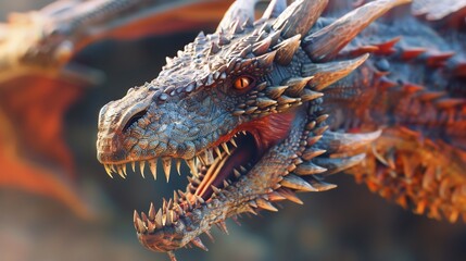 Close-up of a Dragon's Head with Open Mouth and Sharp Teeth