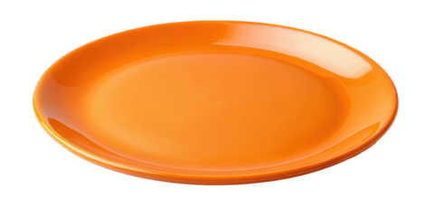 Orange round ceramic plate shown from a side view, featuring a vibrant and glossy surface. Ideal for adding a pop of color to modern table settings. Isolated on transparent background, png.