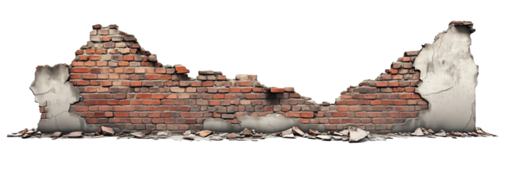 Brick Wall. Wall. Destroyed brick wall with transparent background. Cut out. Alpha Channel. Isolated.