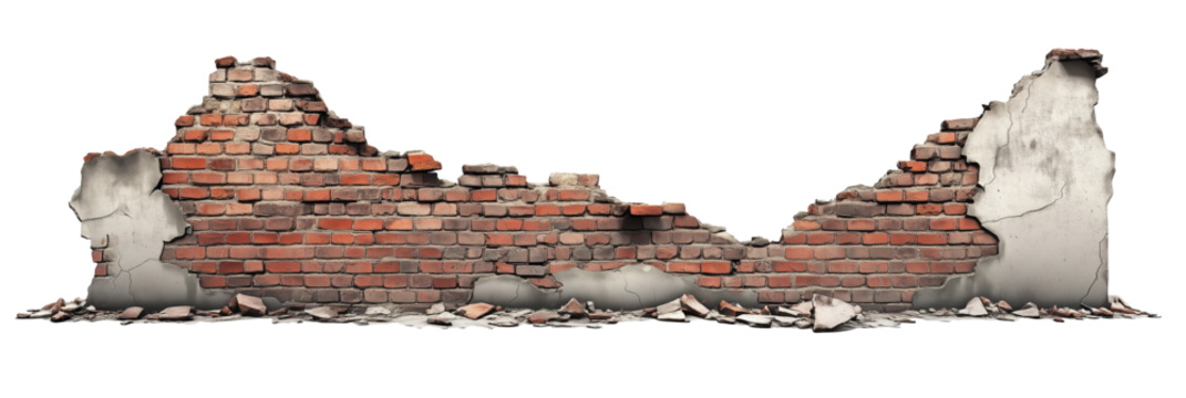 Brick Wall. Wall. Destroyed brick wall with transparent background. Cut out. Alpha Channel. Isolated.