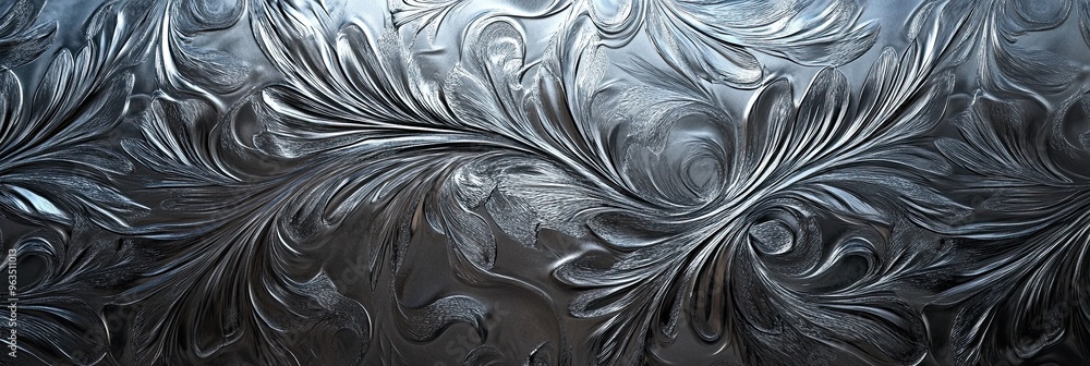 Poster frosty glass patterns created by winter cold on a window at dawn