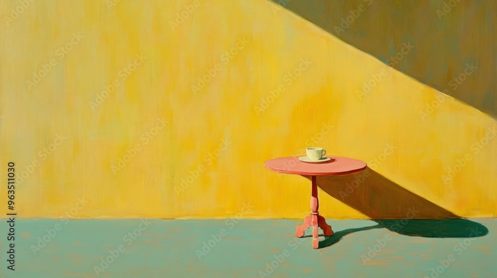 Sticker a single cup of coffee on a pink table against a yellow wall